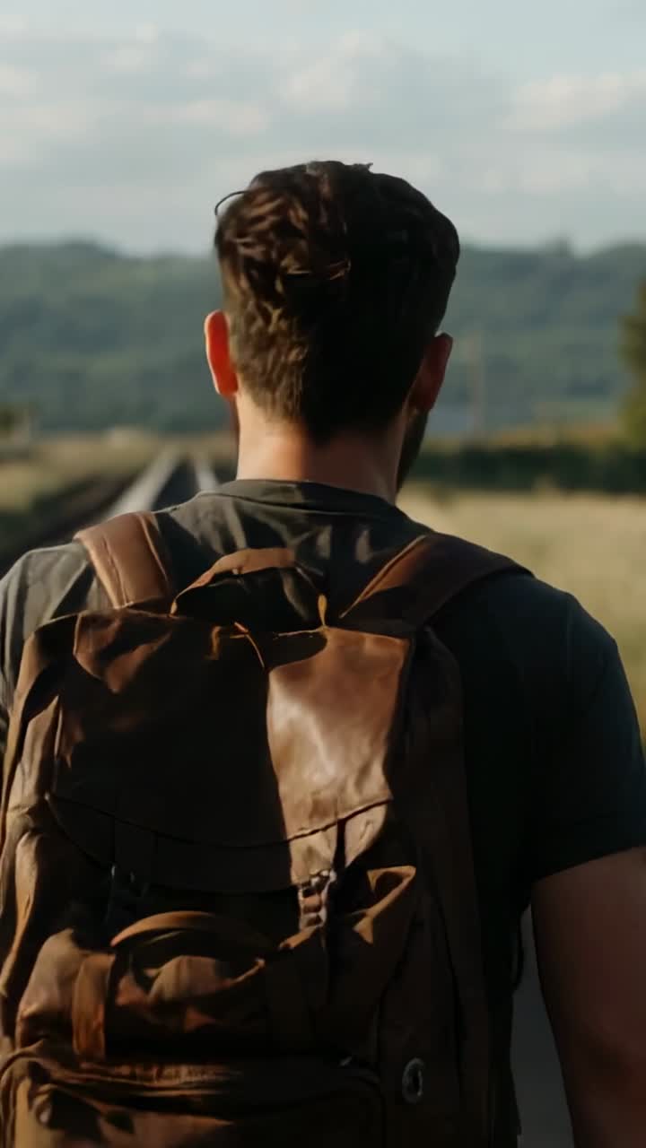 Video verticale: uomo con zaino che inizia a camminare lungo una strada di campagna per fare escursioni indossando una t-shirt grigia