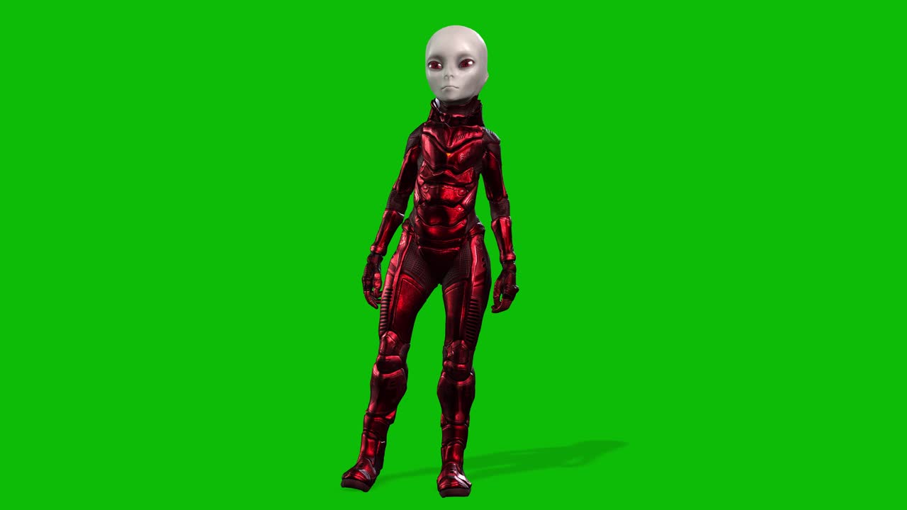 Grey female alien wearing a space suit standing idle on green screen, seamless loop 3D animation, front view