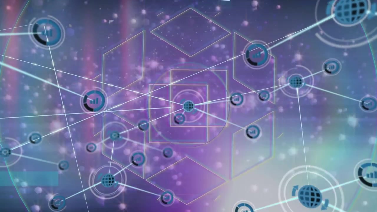 Animation of network of connections with icons over geometrical shapes