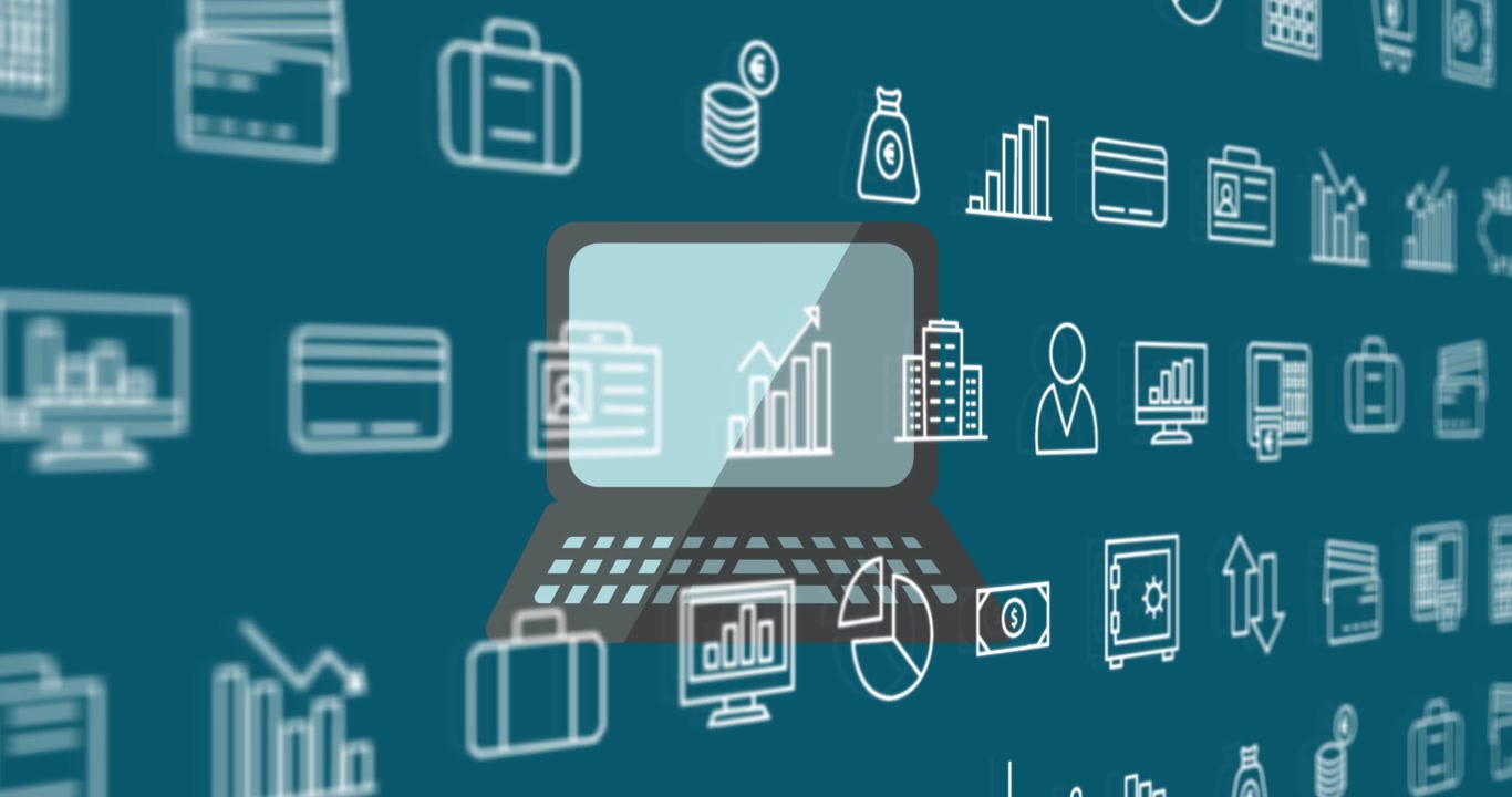 Animation of financial icons over laptop on green background