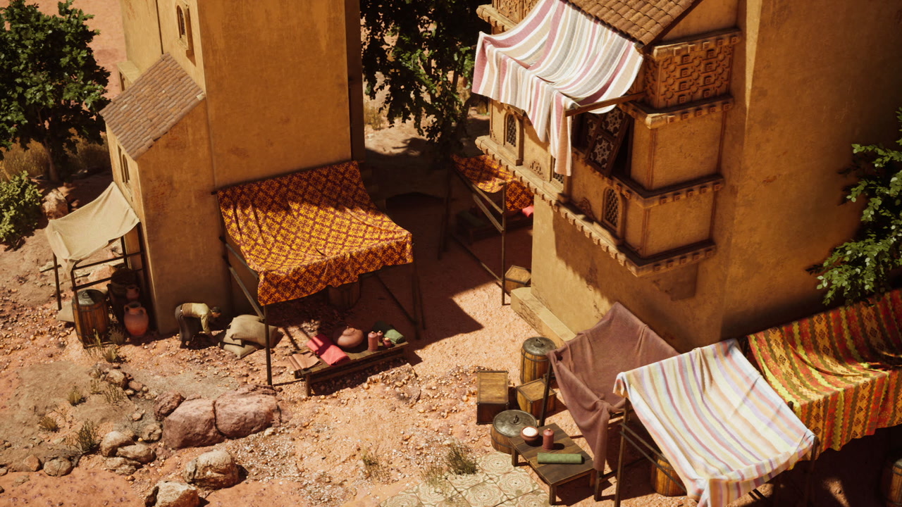 Serene morning market with handcrafted rugs and lively exchanges