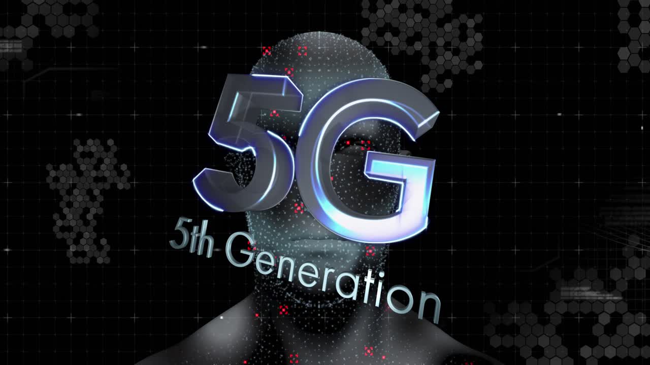 animación de texto 5g sobre formas y humano digital sobre fondo negro