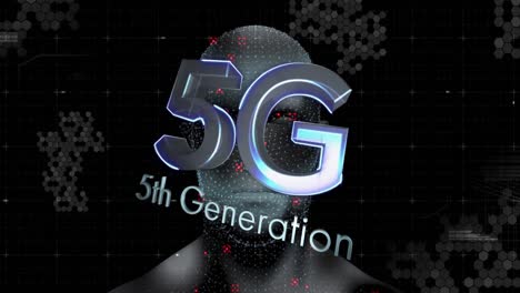 Animation-of-5g-text-over-shapes-and-digital-human-on-black-background