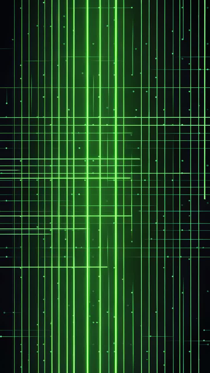 Futuristic video concept with vertical green lines and dots on a black background, viewed