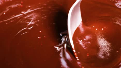 spoon stirring thick, glossy chocolate mixture