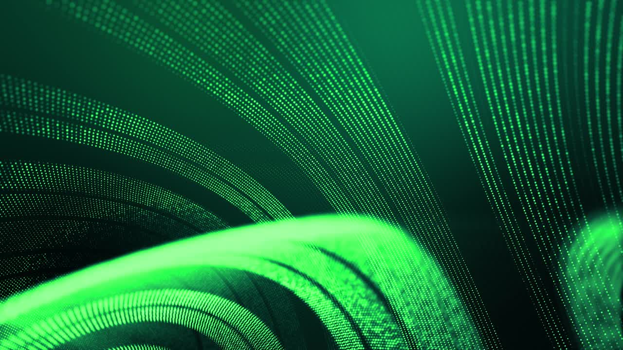 4k looped abstract green background of glow particles form lines, surfaces, round structures as futuristic landscape in cyberspace or hologram. Sci-fi theme with DOF, lighting effects and bokeh.