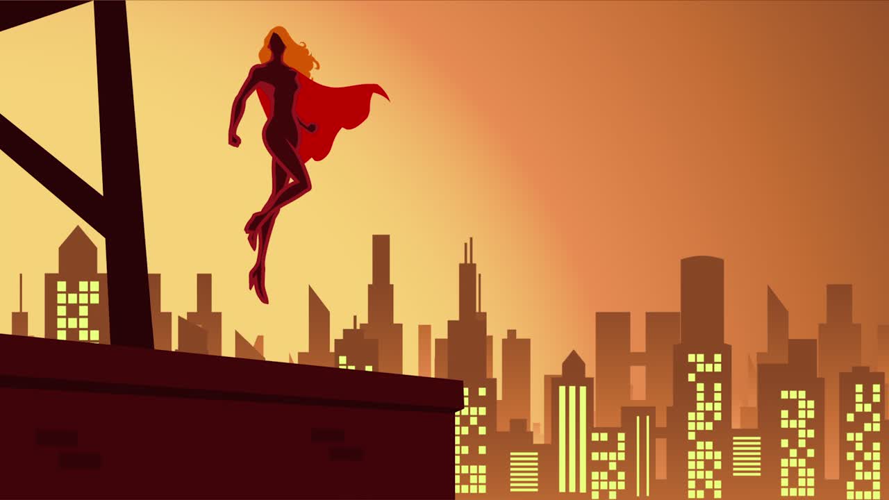 루프 가능한 실루 스타일 여성 슈퍼 히어로 도시 스카이 라인 상단 주식 비디오