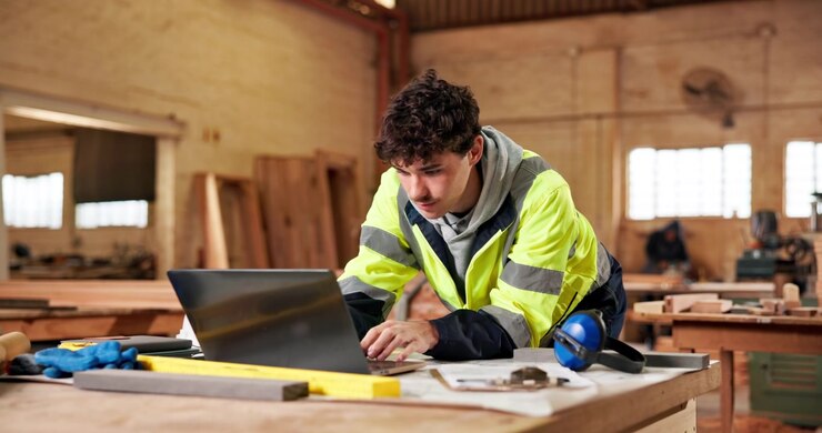 Young Carpenter Using Laptop in Woodworking Workshop