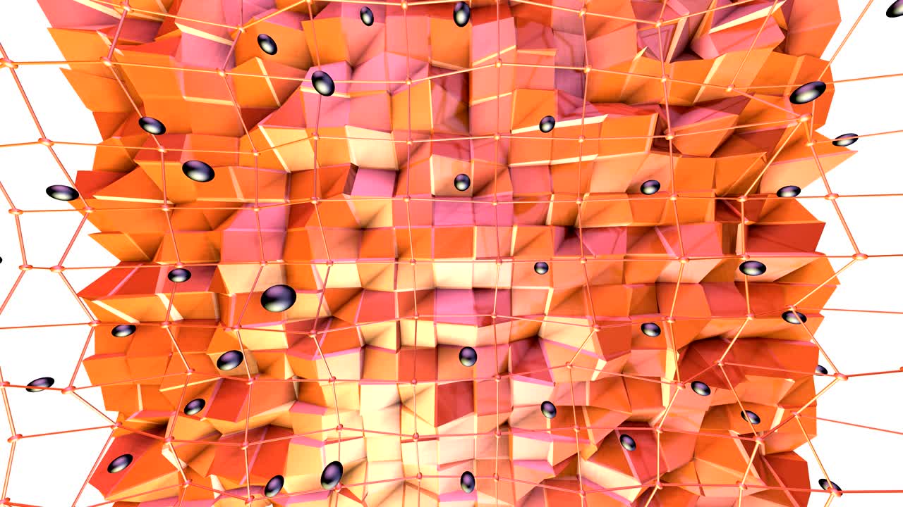 baja superficie polimétrica 3d con cuadrícula o malla voladora y esferas negras como fondo espacial. bajo fondo polimétrico geometrico suave de polígonos rojos naranja puros.