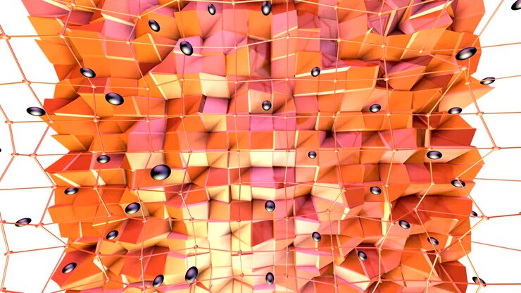 Low poly 3D surface with flying grid or mesh and black spheres as space background. Soft geometric low poly background of pure pink orange red polygons. 4K Fullhd seamless loop background