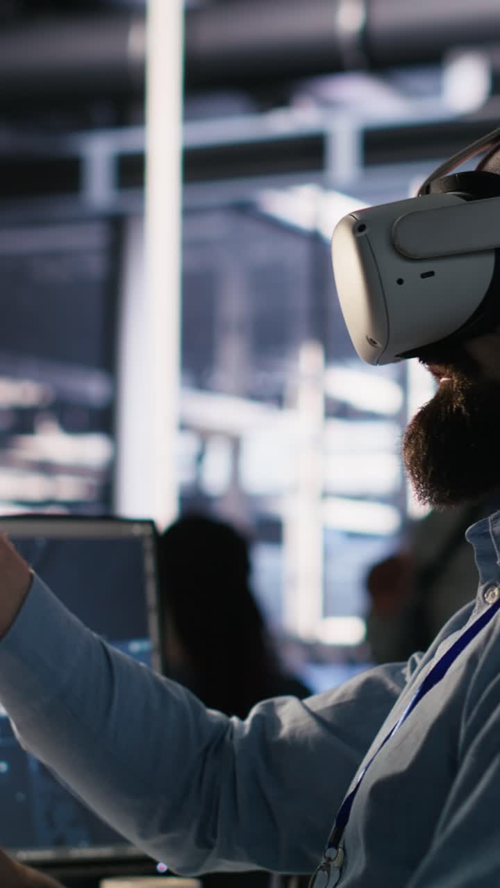 Vertical video Data center employee wearing VR headset using artificial intelligence
