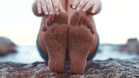 Sand-feet,-relax-and-woman-barefoot-while-enjoying