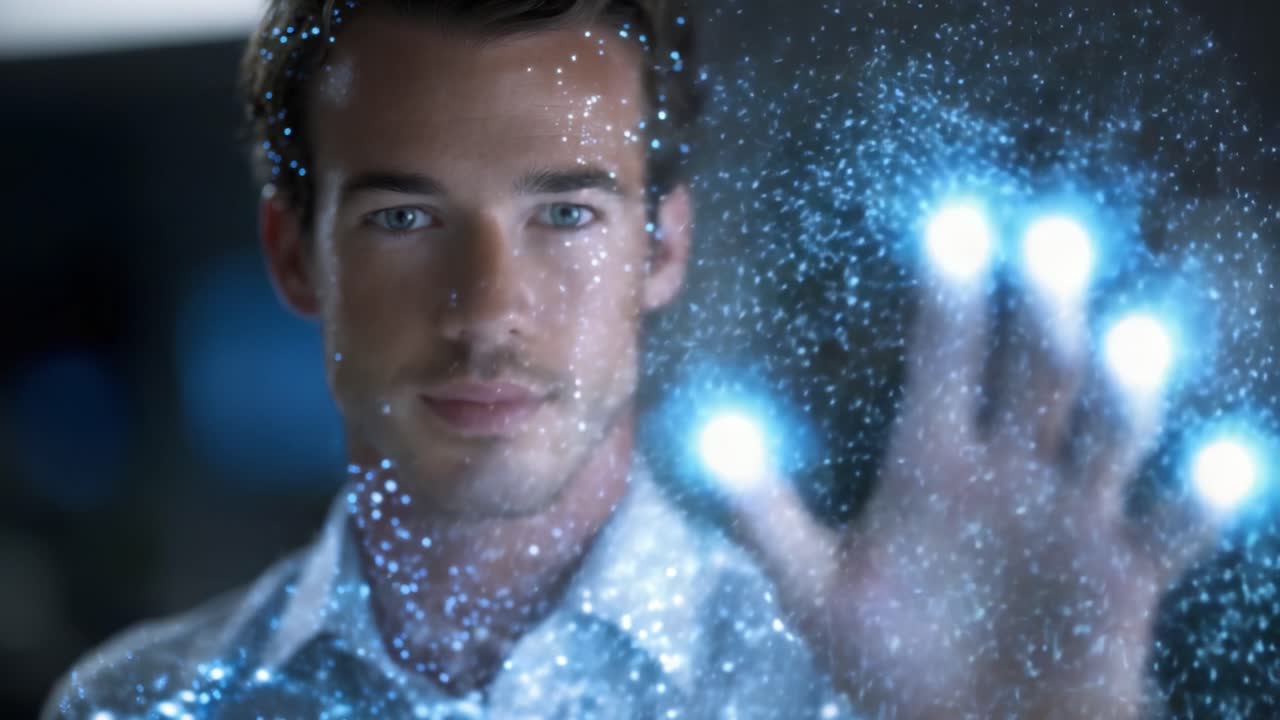Un uomo concentrato dimostra l'interazione digitale proiettando particelle di luce dalla sua mano, illustrando una fusione di tecnologia e connessione umana in un ambiente poco illuminato