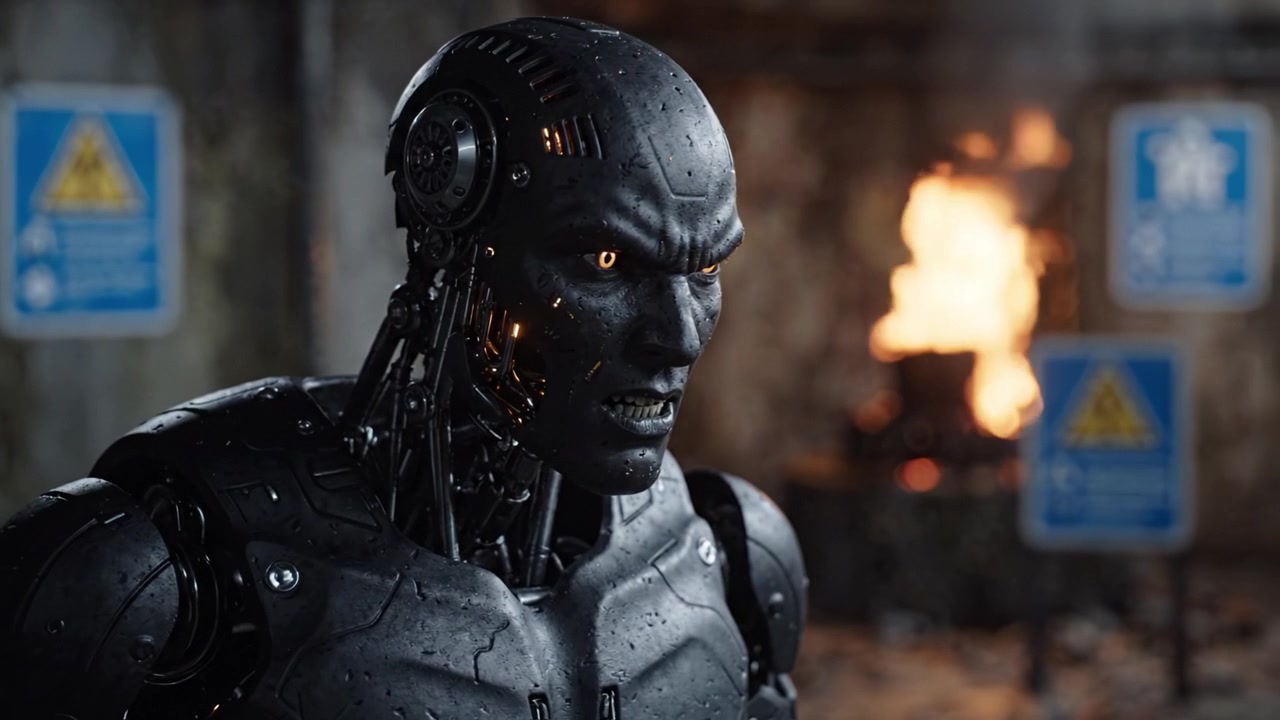En futuristisk robotfigur står robust i et industrielt miljø og fremviser avanceret teknologi og intense følelser mod en baggrund af advarselsskilte og ild.