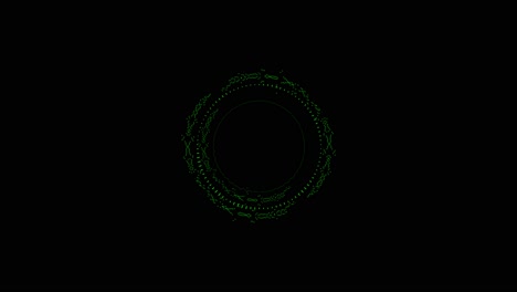 Abstract green circular form with pulsating lines and dots on a black background. Represents audio equalizer, sound wave, or futuristic interface. Seamless loop