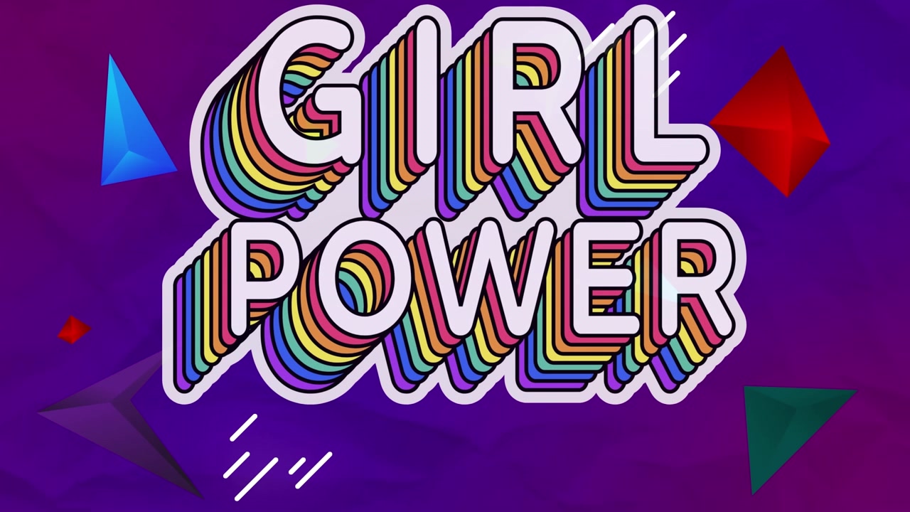Animazione di testo e forme "girl power" su sfondo blu.