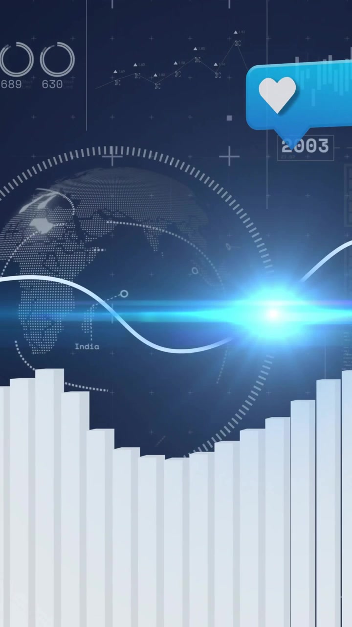 Vertical video: Lens flare sweeping, white bars rising and shrinking, showing global data trends