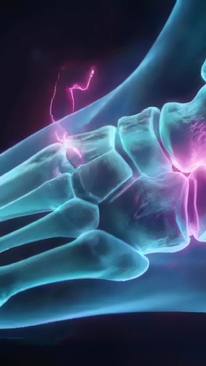 Vertical video: Foot bones displaying pink glow onset moving midfoot to toes in lab, magenta sparks