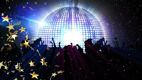 Animation-of-disco-ball-and-stars-over-dancing-silhouettes-of-people-on-black-background