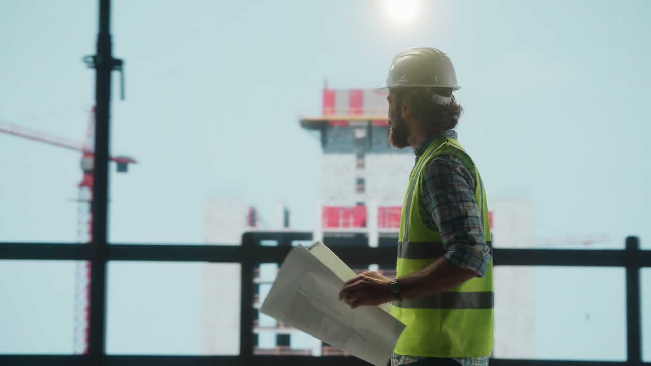Construction Engineer Reviews Blueprints at Building Site