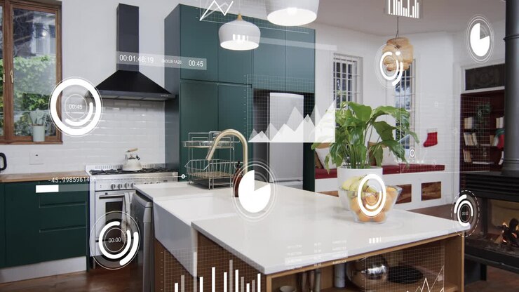 Data analytics and smart home technology animation over modern kitchen interior
