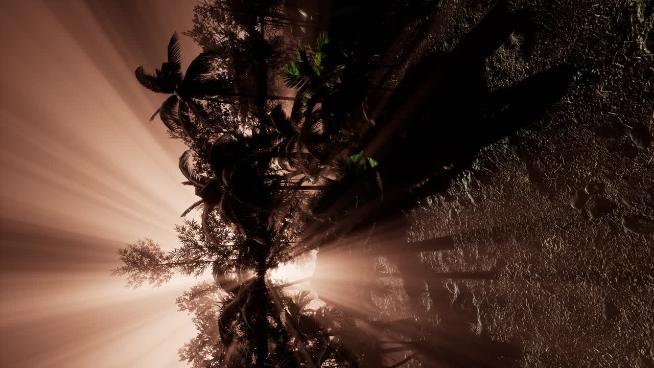 vista del bosque verde tropical con llamaradas solares por la mañana