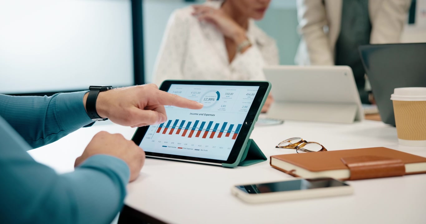 Forretningsprofessionel præsenterer finansielle data på tablet under møde