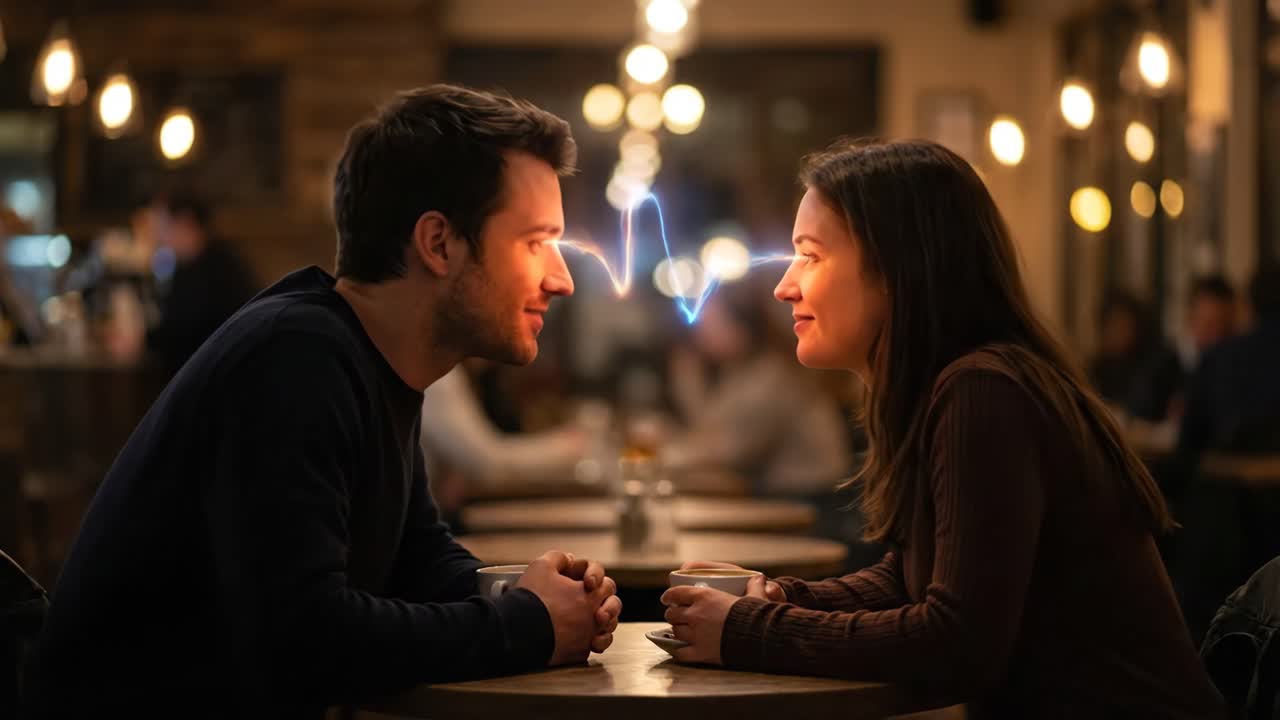Coppia condivide una connessione telepatica davanti a un caffè in un bar