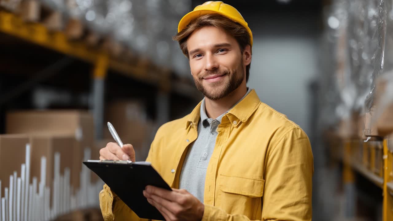 A confident warehouse worker in a yellow hat and jacket is checking inventory while smiling, showcasing diligence and professionalism in a logistics environment