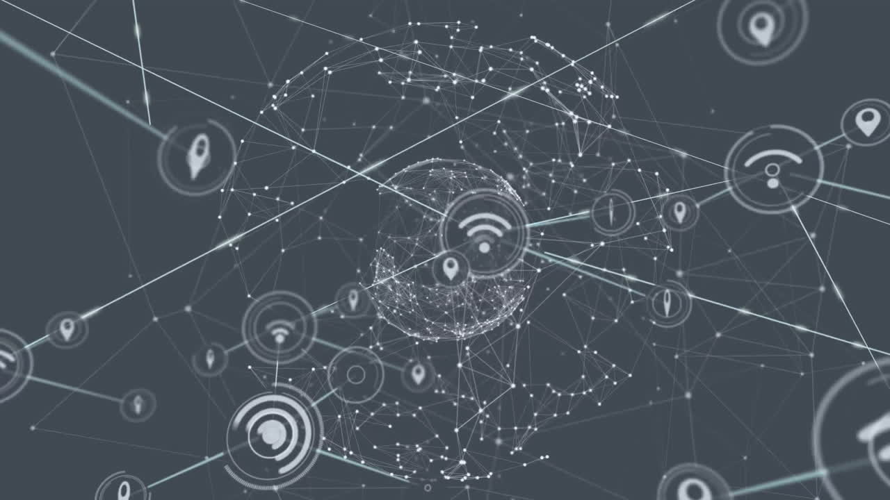 animación de iconos de wifi y gps conectados sobre globos que giran sobre un fondo negro