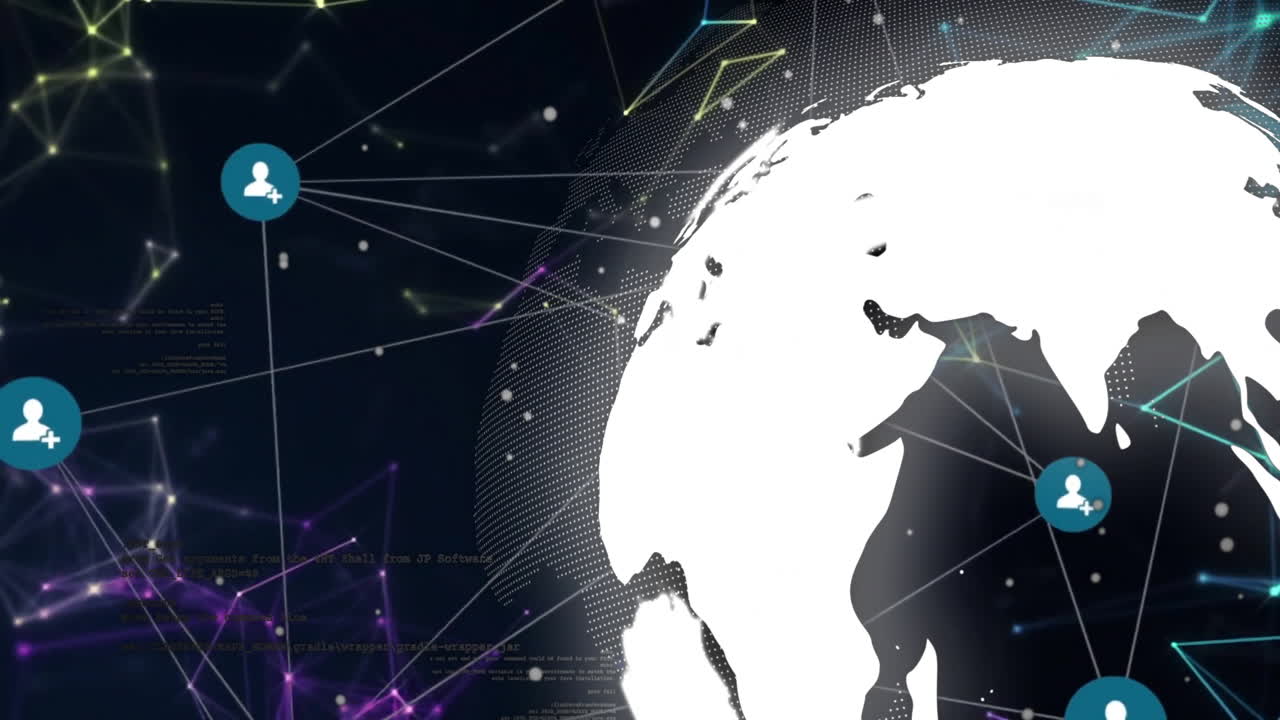 Animation of digital network connections and data visualization over stylized globe