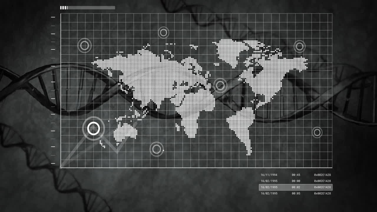 World map with DNA strands and financial data processing animation