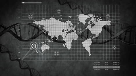 world map with dna strands and financial data processing animation