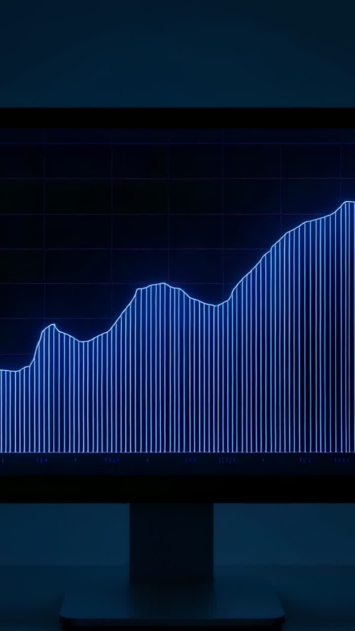 Vertical video: Showing wide monitor updating chart on desk with live feed neon-blue line and bars