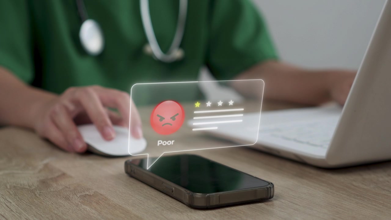 Bad digital customer review interface peep out on Smart phone with nurse using laptop at table