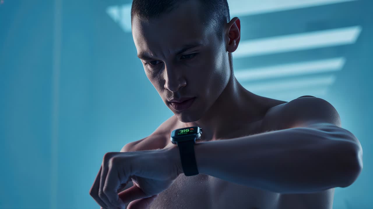 Kontrollerer asiatisk mand uden trøje, der løfter venstre underarm for at læse smartwatch-cifre i blåt oplyst studie