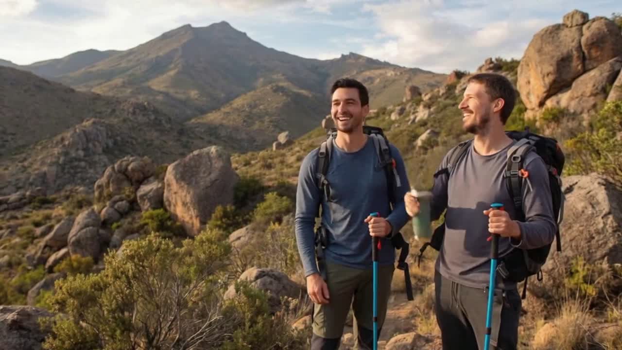 Due uomini che fanno escursioni e parlano tra le montagne rocciose