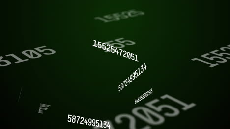 Digital animation of changing numbers and data processing against green background