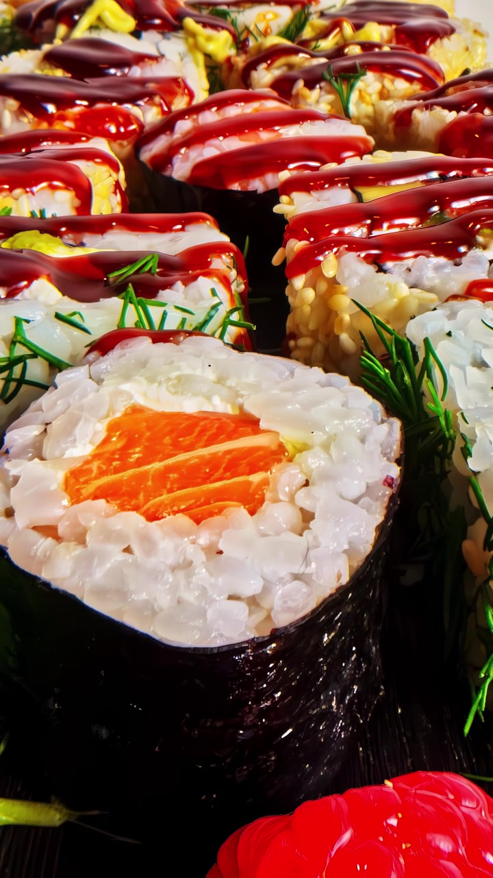 Menarik kembali saat saus merah mengalir di atas gulungan maki salmon yang dihiasi dengan dill segar dan raspberry berkilau. Merayakan kreativitas dinamis sushi fusion modern.