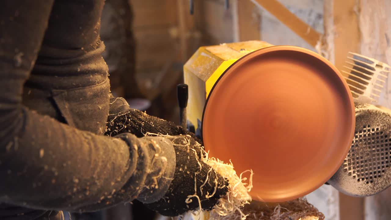 el constructor trabaja con la pieza de trabajo en el taller auténtico. el carpintero muele la pieza de obra con aserradura. el carpintero completa el trabajo en el torno. haciendo platos auténticos de madera hechos a mano. creación de artículos inusuales.