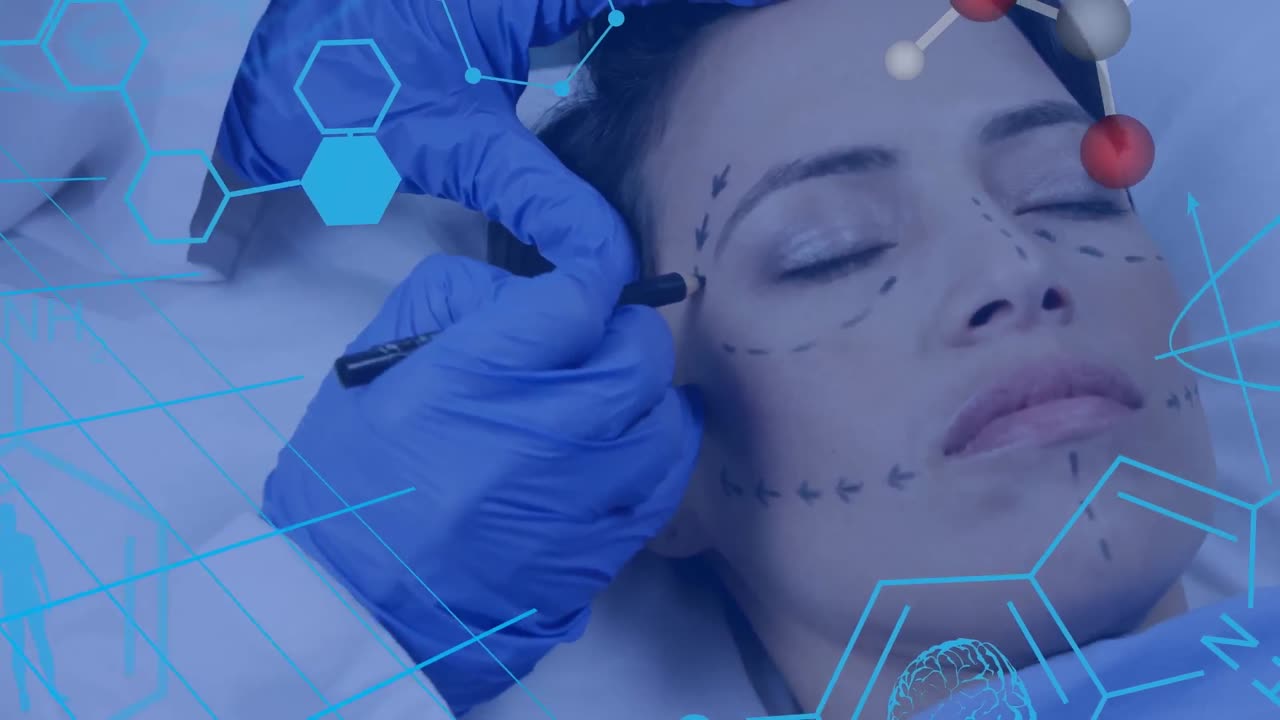 animación de una red de datos sobre una mujer caucásica que se prepara para una cirugía facial
