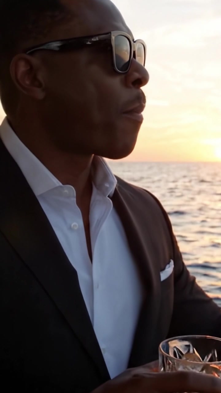 Elegante serata sull'acqua: un signore sofisticato si gode un tramonto drammatico mentre sorseggia un ottimo drink all'aperto su uno yacht di lusso.
