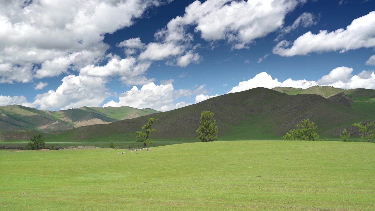 Vista panoramica di un prato verde lussureggiante e dolci montagne
