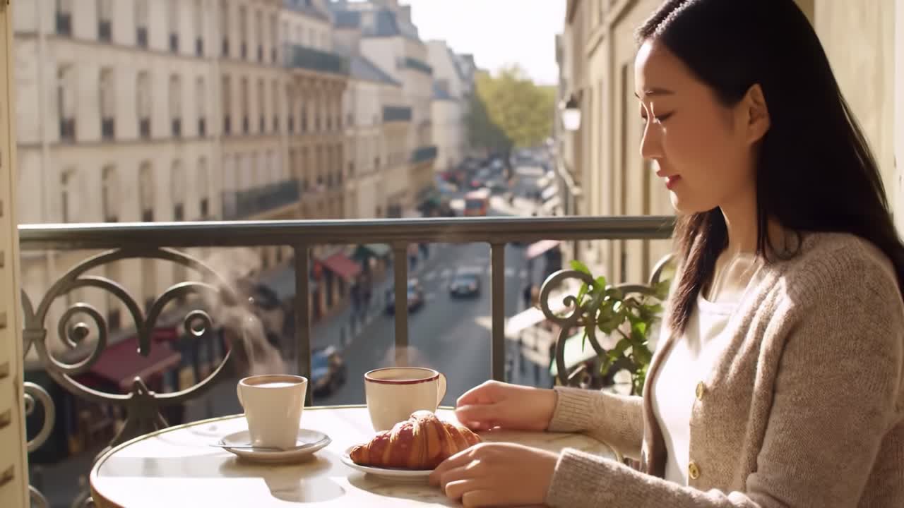 A Serene Morning Overlooking a Bustling City: Enjoying Coffee and Croissant on a Balcony Amidst the Vibrant Streets Below