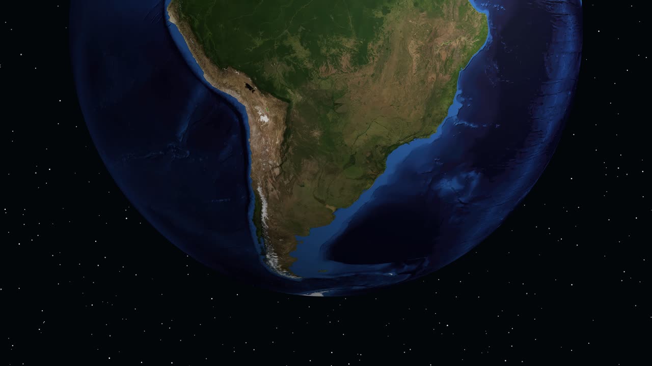 Digital globe rotates and zooms into South America, highlighting Temuco Chile with informational text overlay