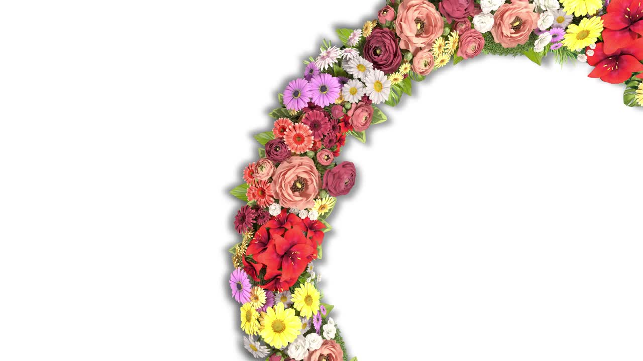 анимация вращающегося кольца цветов на белом фоне.