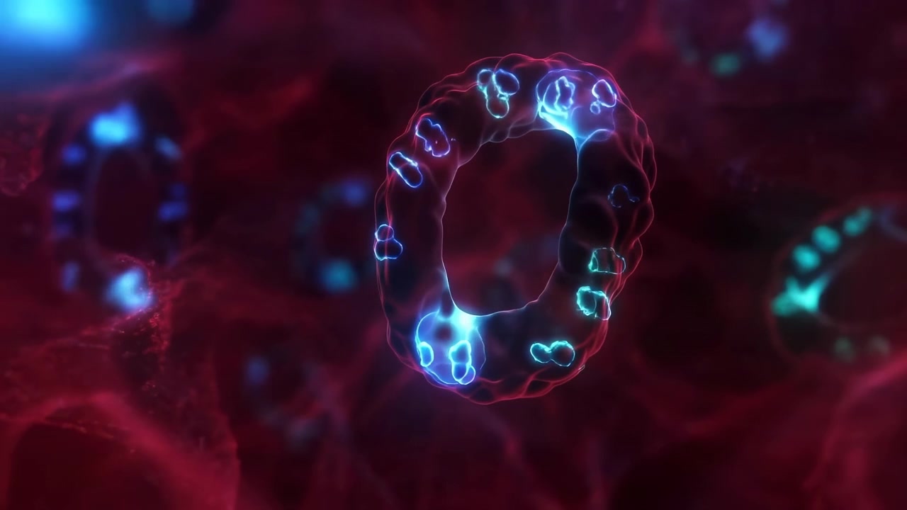 Primo piano astratto di forme biologiche blu brillante a forma di anello che fluttuano su uno sfondo organico rosso scuro con messa a fuoco morbida, contrasto luminoso e un...