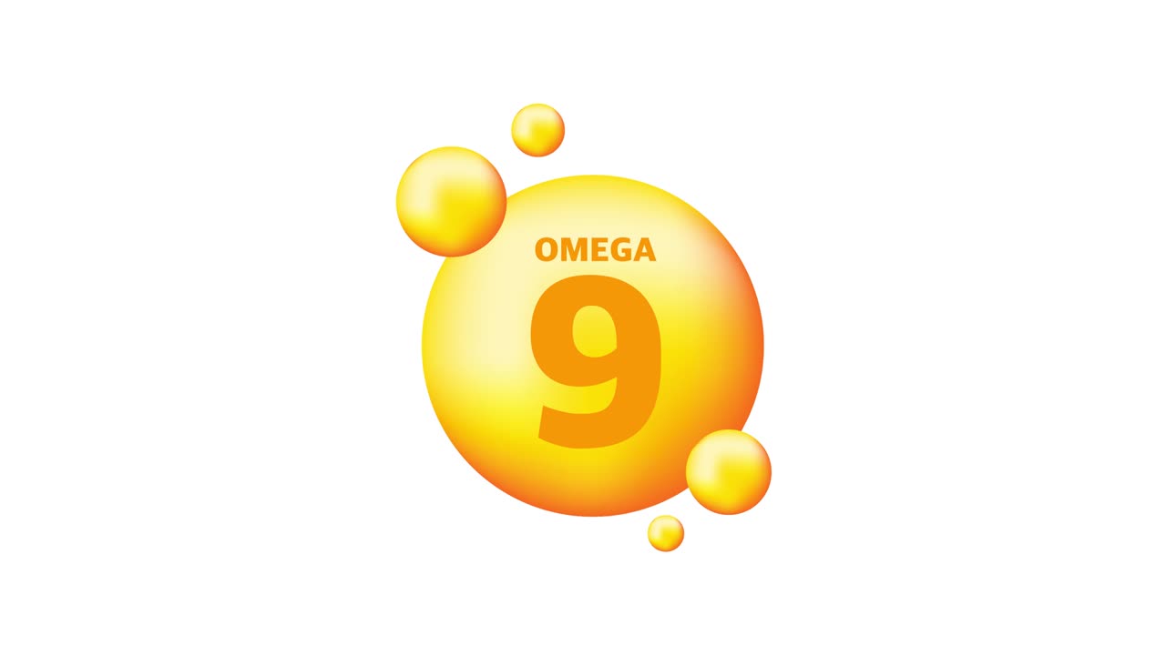 Vitamina omega 9 con goccia realistica su sfondo grigio. Particelle di vitamine al centro. Motion graphics.