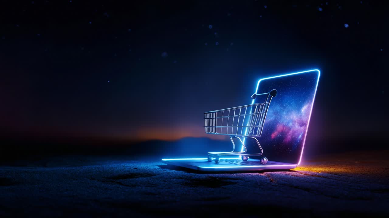 An imaginative blend of technology and commerce is illustrated through a glowing shopping cart emerging from a laptop, symbolizing the future of online shopping in a cosmic setting