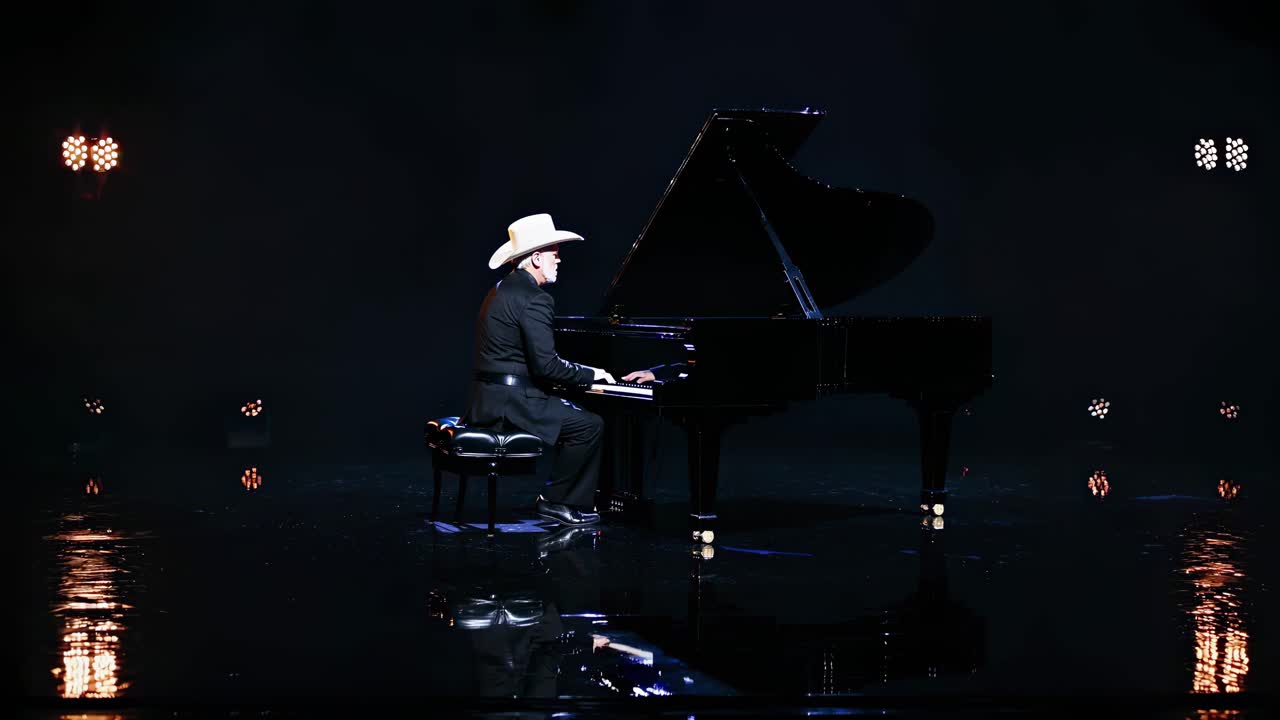 Una scena video drammatica di un pianista con un cappello da cowboy che suona un pianoforte a coda